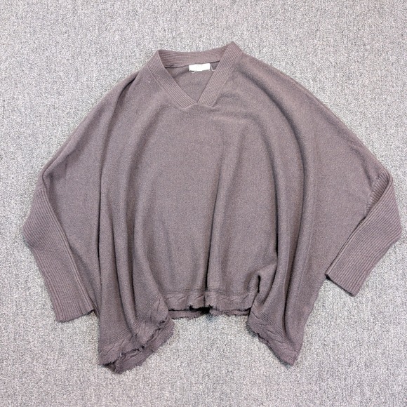 Easel Boho Oversized V-Neck Poncho Sweater M Brown Cable Knit Raw Hem Dolman — photo 2